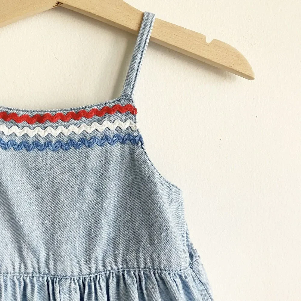Old Navy Chambray Jumpsuit Baby Girl 18-24M Blue Sleeveless Ric Rac 4th of July
